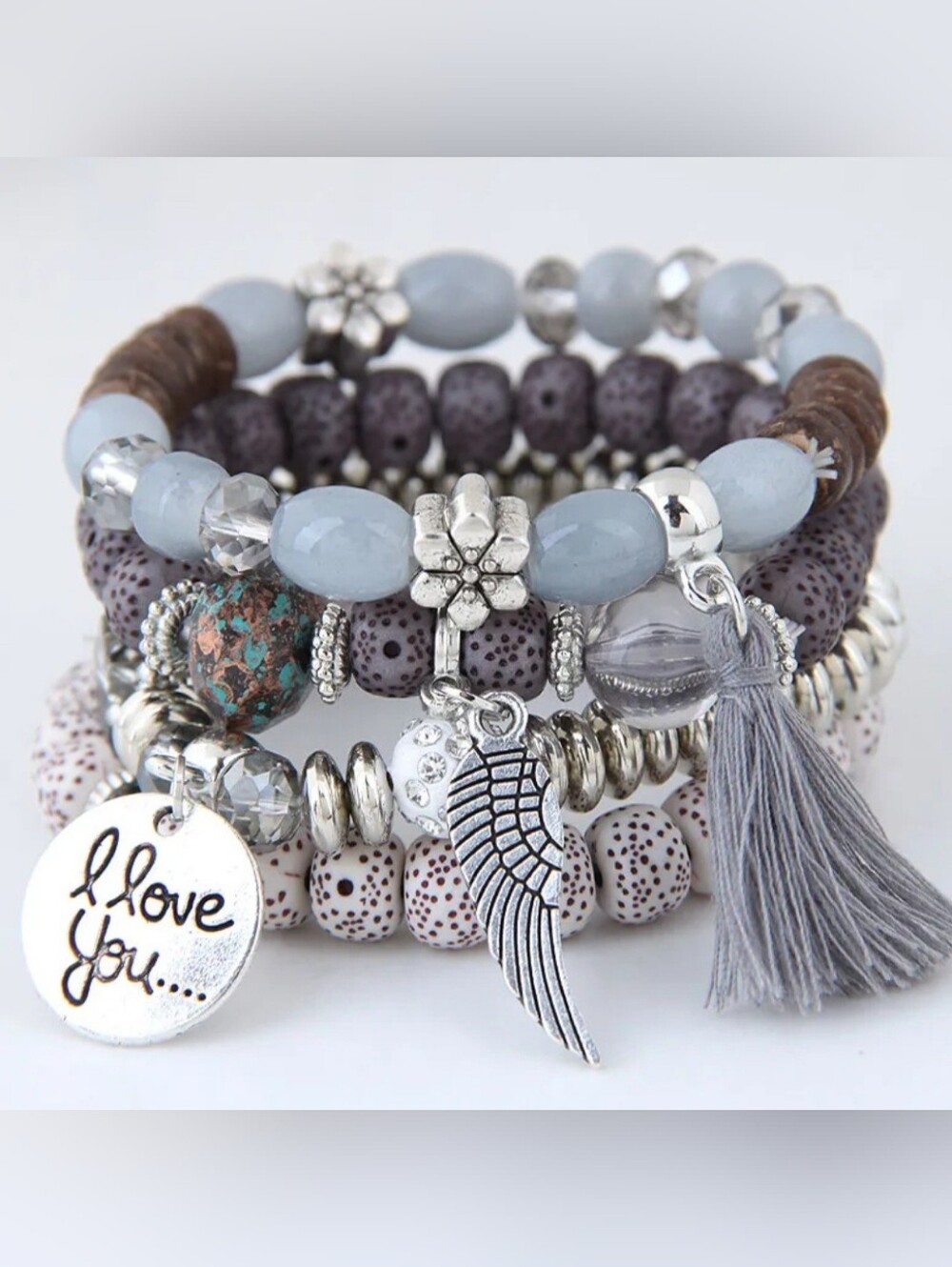 Beaded Multi-layer Bracelet With Tassel 4 Bracelet Set Grey